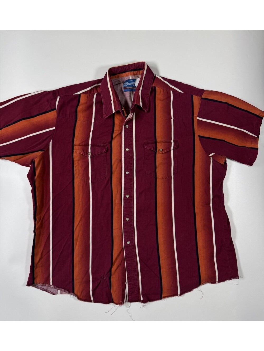 Vintage Wrangler Western Shirt XXL Pearl Snap Burgundy Orange Stripe Distressed